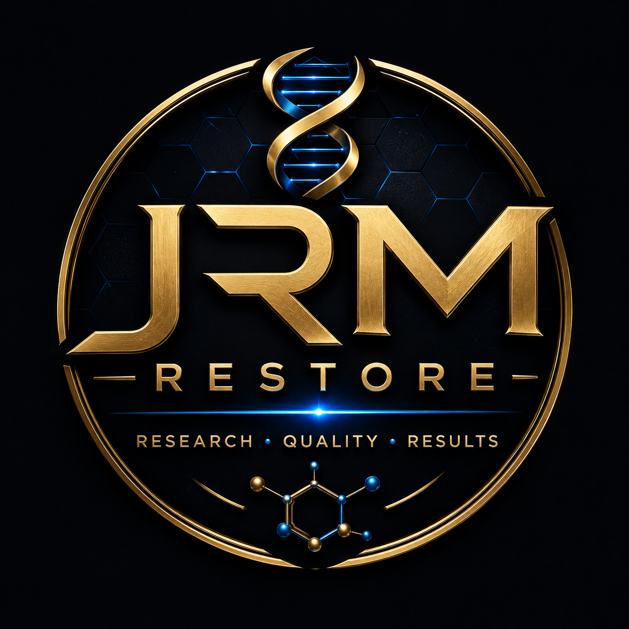 JRM Restore logo — gold emblem with DNA helix and molecular motif