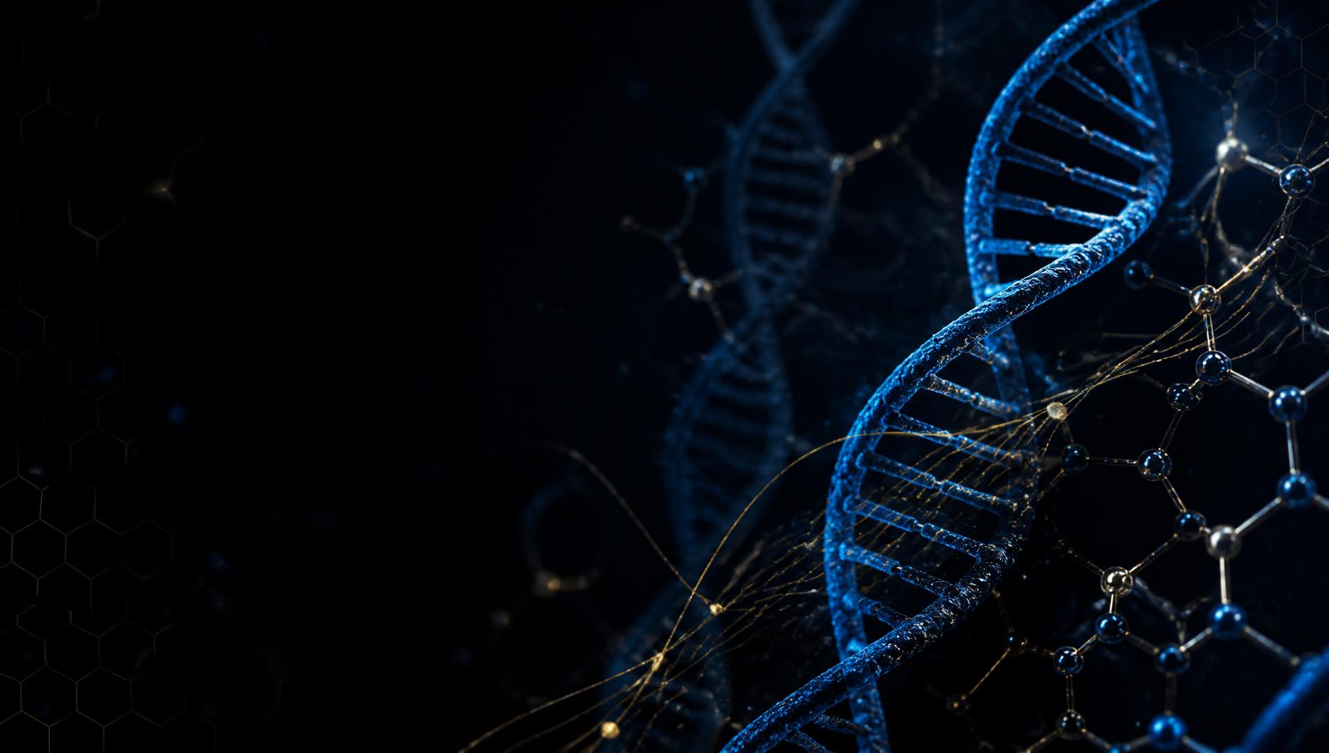 Abstract DNA helix and molecular lattice illuminated in blue with gold filaments