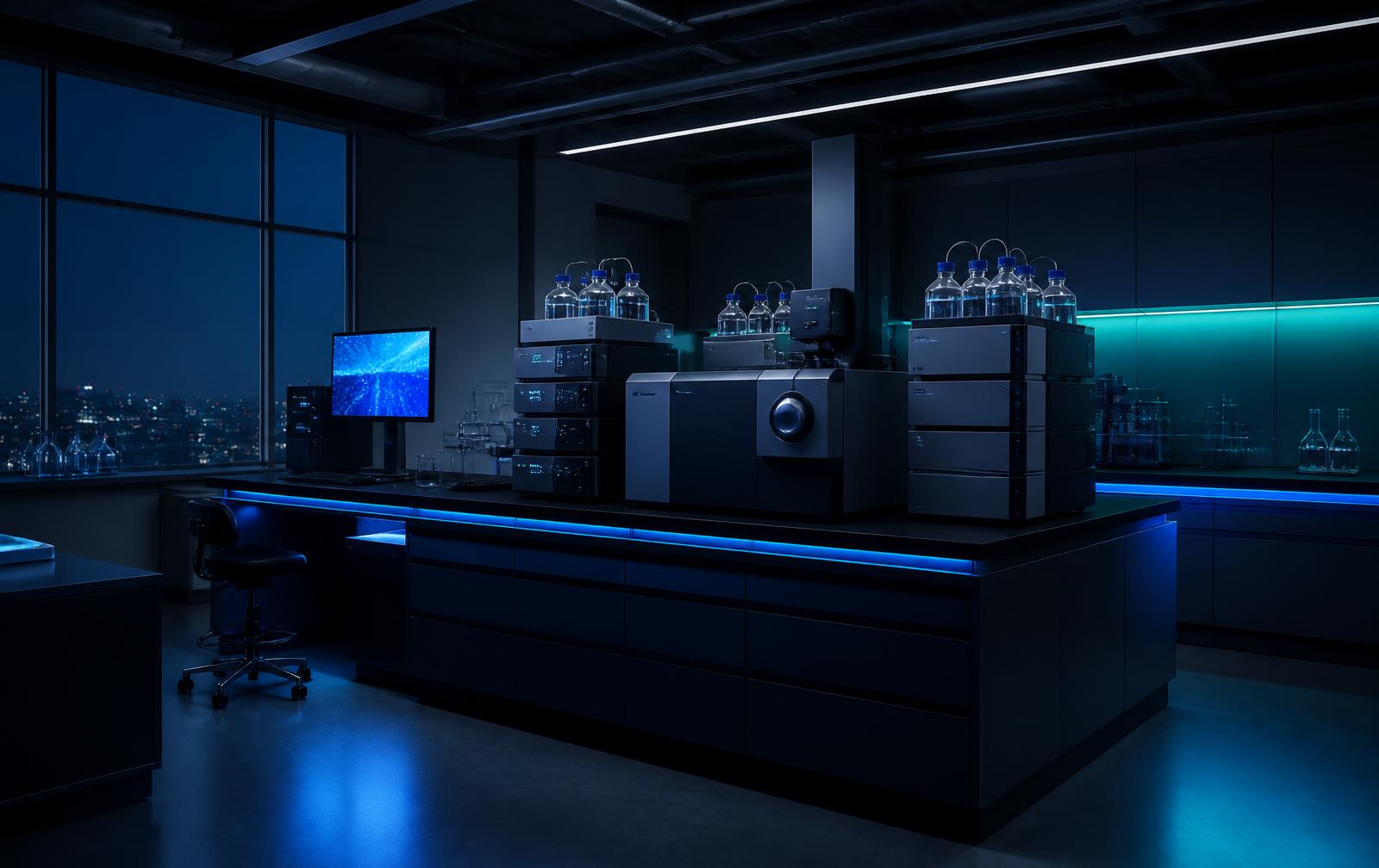 Analytical laboratory instruments under blue accent lighting